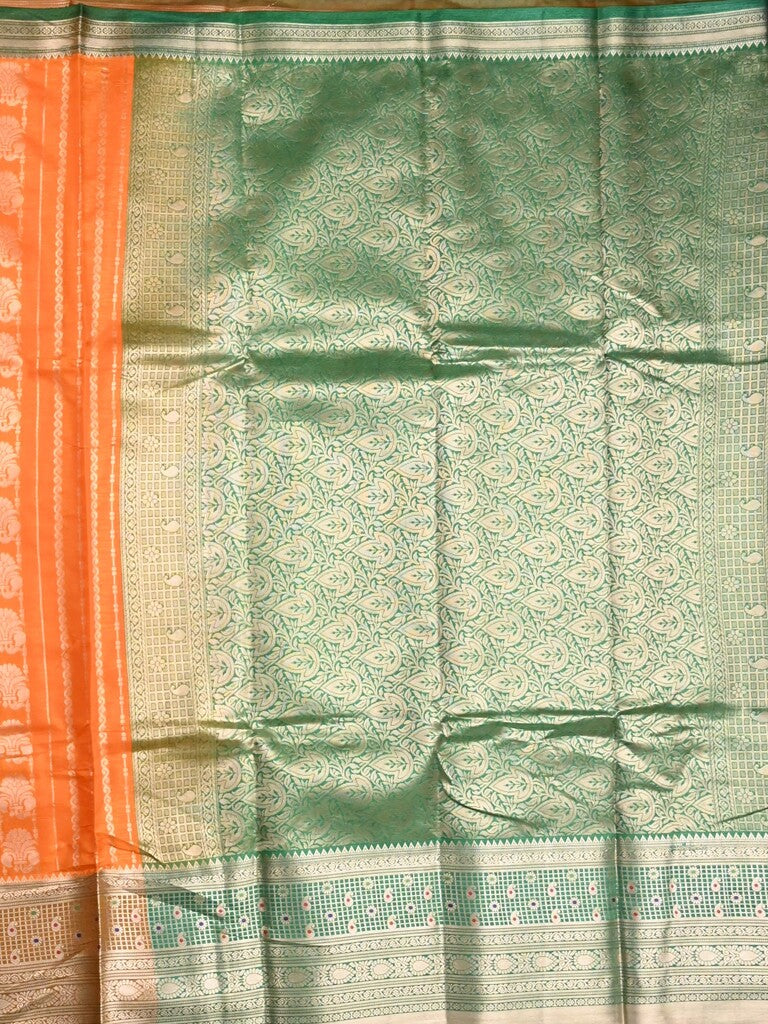 Banaras fancy saree orange color allover zari motifs & zari border with rich contrast pallu and plain blouse