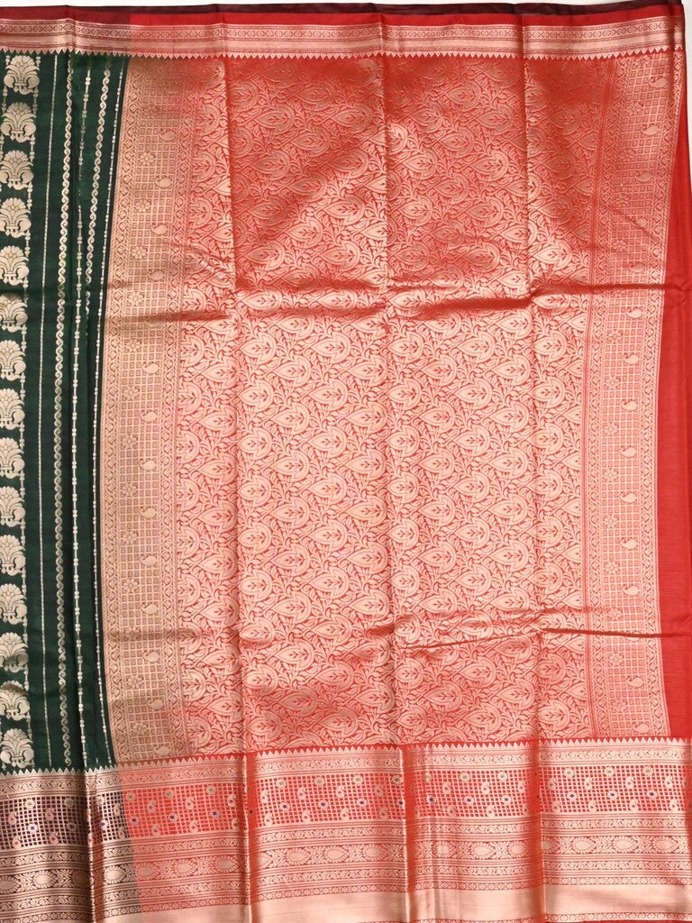 Banaras fancy saree bottle green color allover zari motifs & zari border with rich contrast pallu and plain blouse