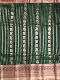 Banaras fancy saree bottle green color allover zari motifs & zari border with rich contrast pallu and plain blouse