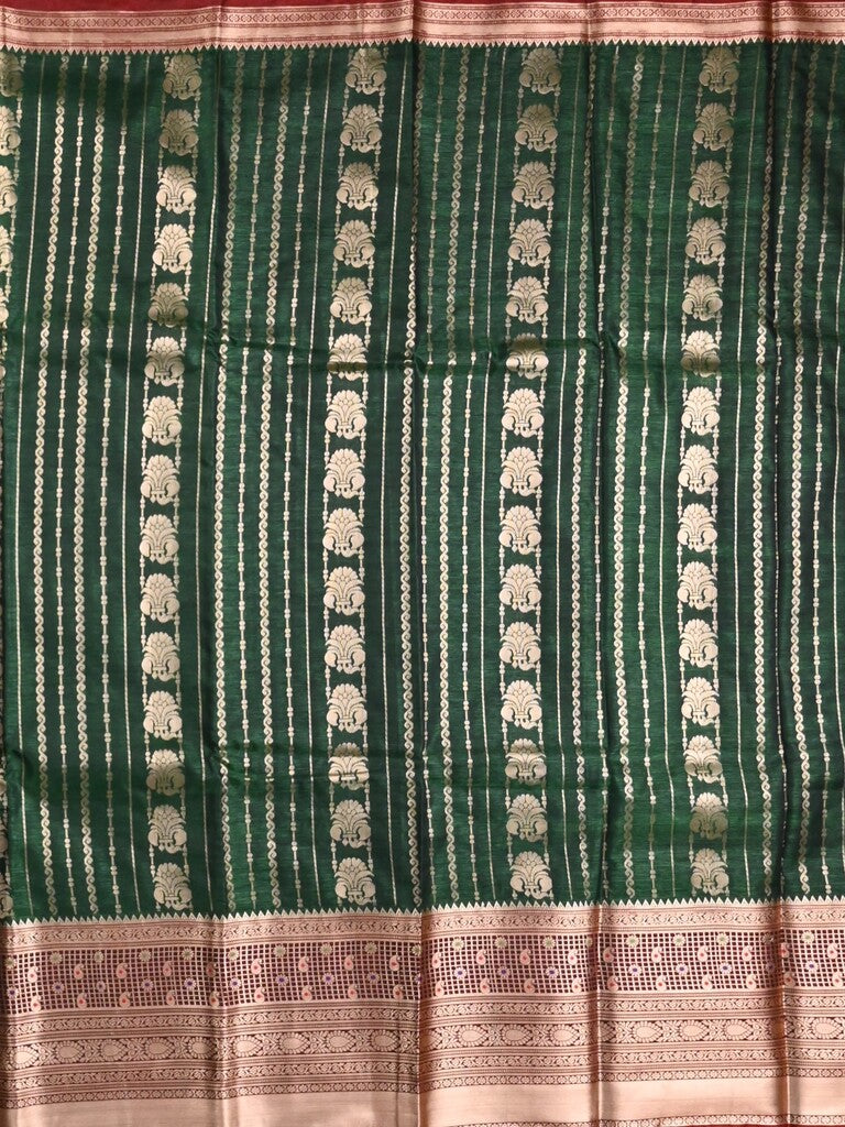 Banaras fancy saree bottle green color allover zari motifs & zari border with rich contrast pallu and plain blouse