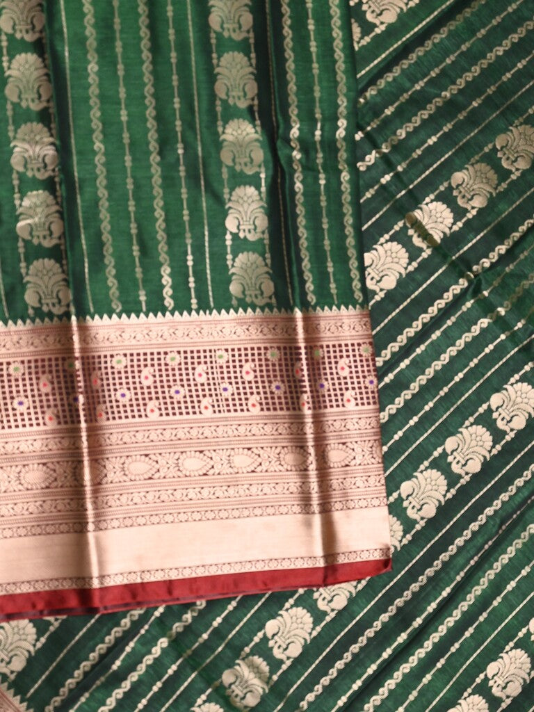 Banaras fancy saree bottle green color allover zari motifs & zari border with rich contrast pallu and plain blouse