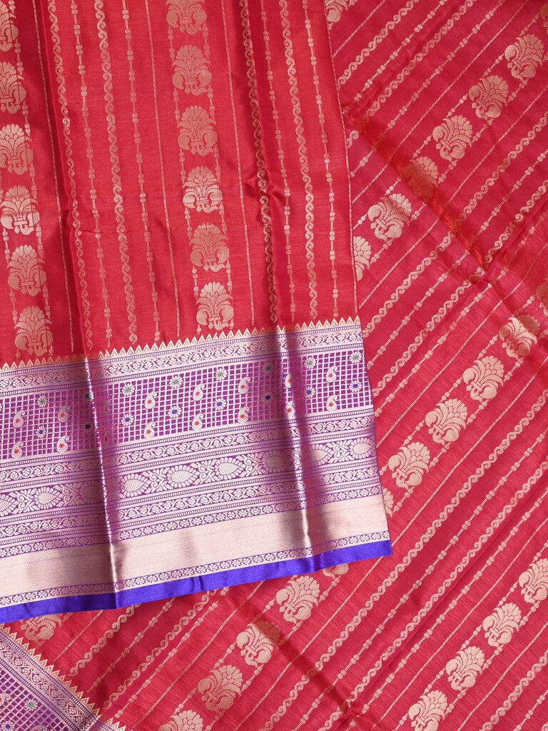 Banaras fancy saree red color allover zari motifs & zari border with rich contrast pallu and plain blouse