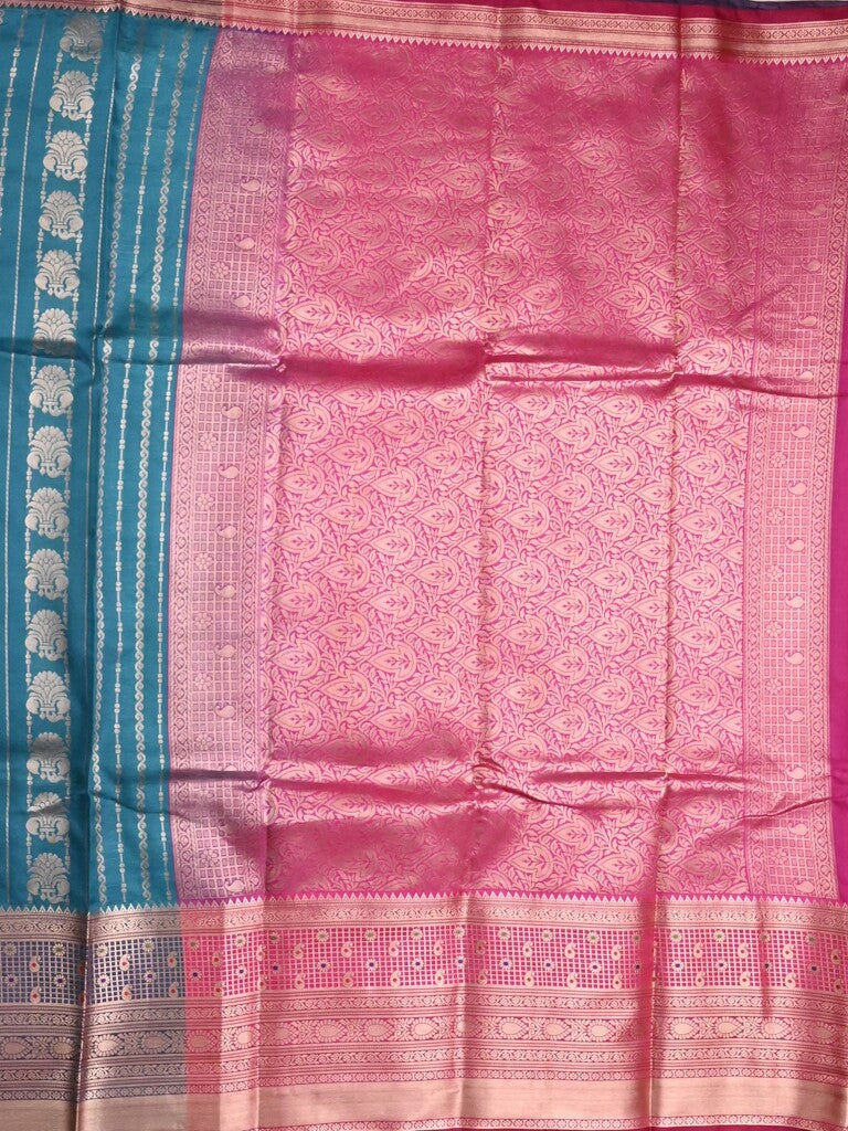 Banaras fancy saree peacock blue color allover zari motifs & zari border with rich contrast pallu and plain blouse