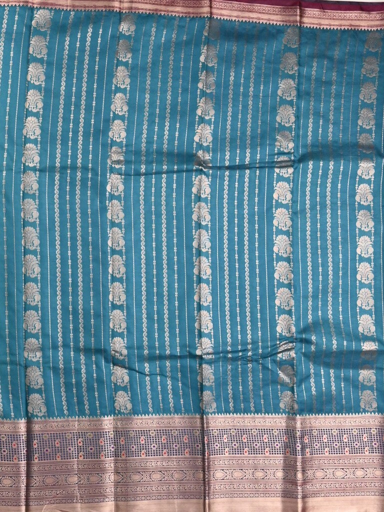 Banaras fancy saree peacock blue color allover zari motifs & zari border with rich contrast pallu and plain blouse