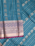 Banaras fancy saree peacock blue color allover zari motifs & zari border with rich contrast pallu and plain blouse