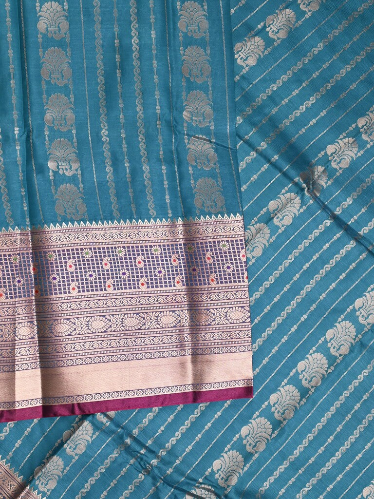 Banaras fancy saree peacock blue color allover zari motifs & zari border with rich contrast pallu and plain blouse