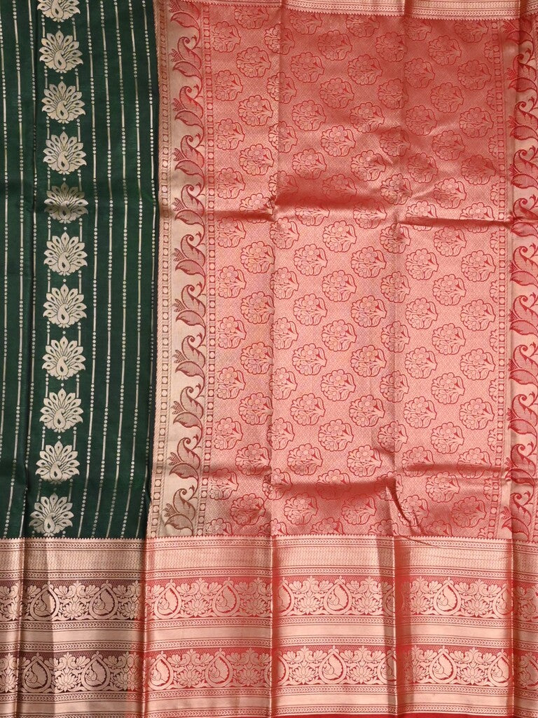 Banaras fancy saree dark green color allover zari motifs & zari border with rich contrast pallu and plain blouse