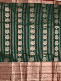 Banaras fancy saree dark green color allover zari motifs & zari border with rich contrast pallu and plain blouse