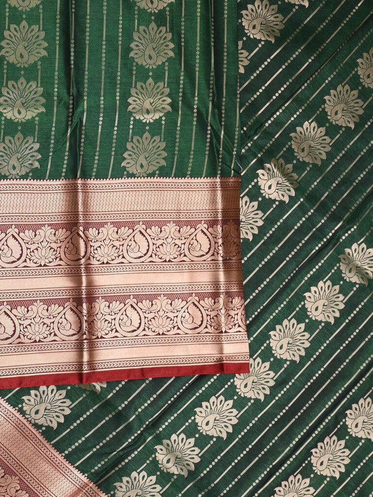 Banaras fancy saree dark green color allover zari motifs & zari border with rich contrast pallu and plain blouse