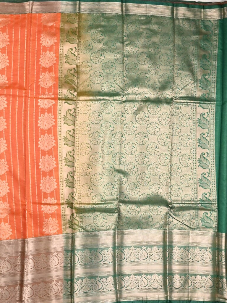 Banaras fancy saree orange color allover zari motifs & zari border with rich contrast pallu and plain blouse