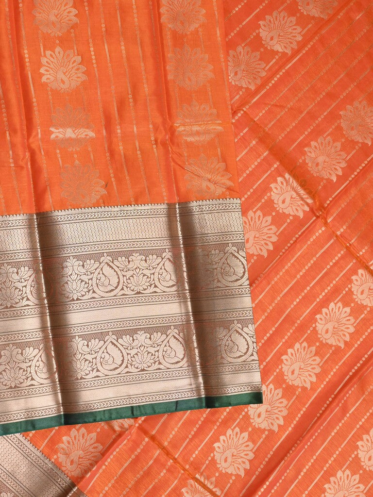 Banaras fancy saree orange color allover zari motifs & zari border with rich contrast pallu and plain blouse