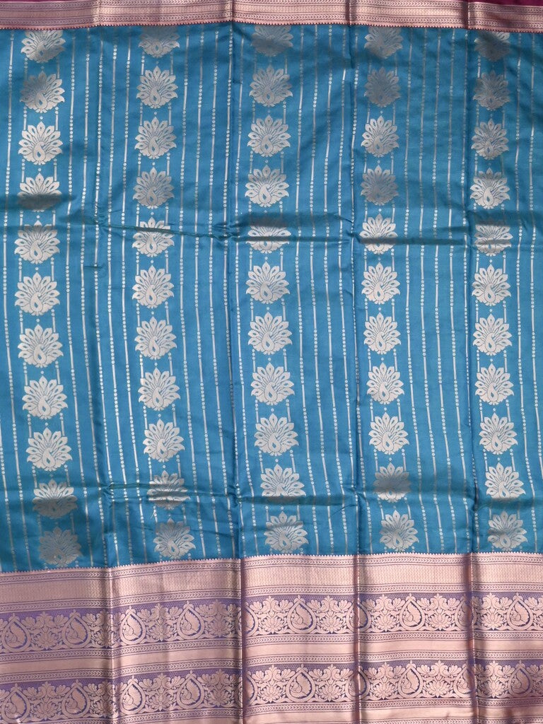 Banaras fancy saree sky blue color allover zari motifs & zari border with rich contrast pallu and plain blouse