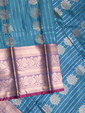 Banaras fancy saree sky blue color allover zari motifs & zari border with rich contrast pallu and plain blouse
