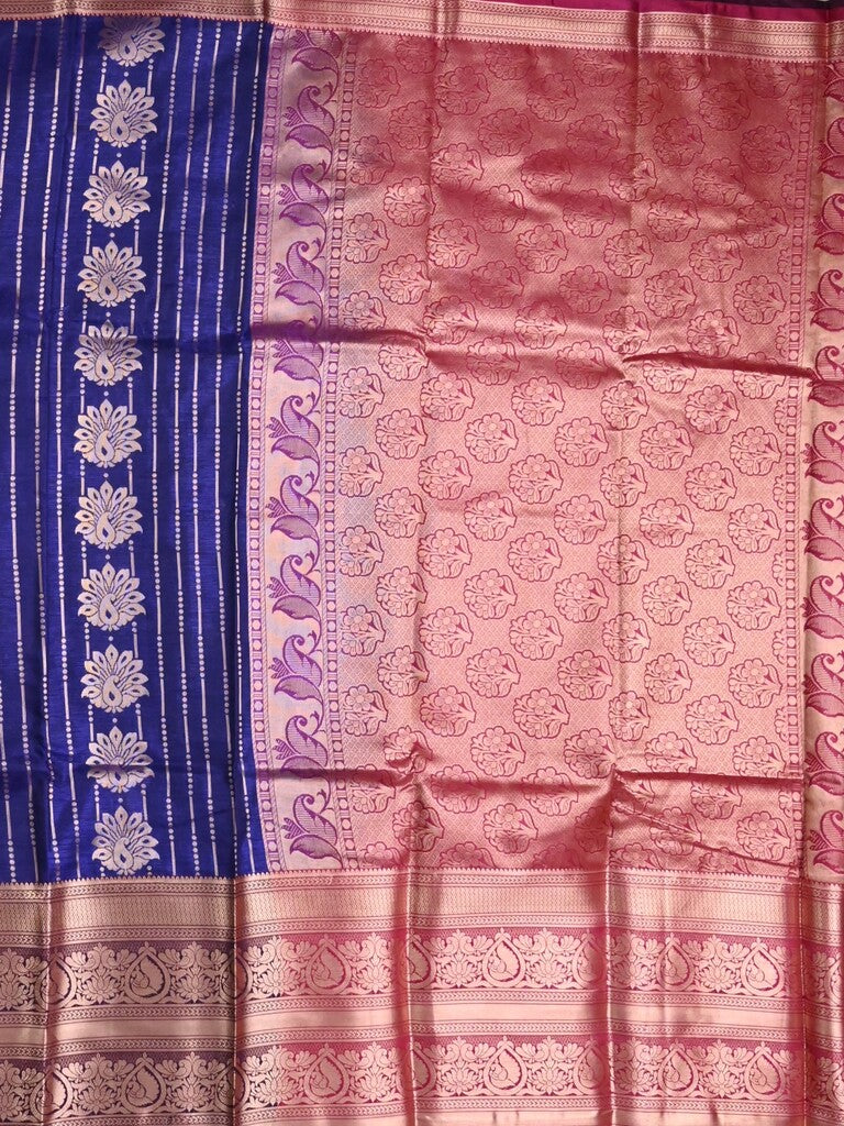 Banaras fancy saree royal blue color allover zari motifs & zari border with rich contrast pallu and plain blouse