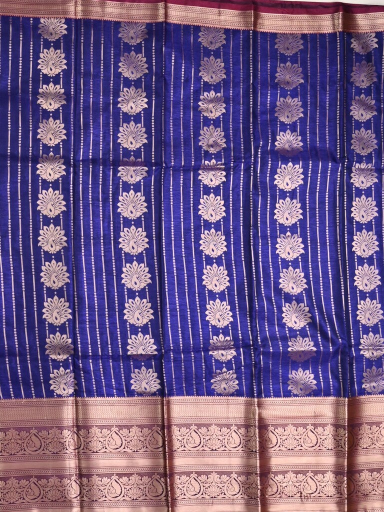 Banaras fancy saree royal blue color allover zari motifs & zari border with rich contrast pallu and plain blouse