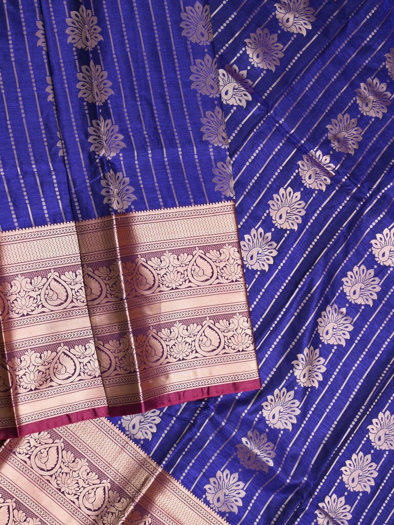 Banaras fancy saree royal blue color allover zari motifs & zari border with rich contrast pallu and plain blouse