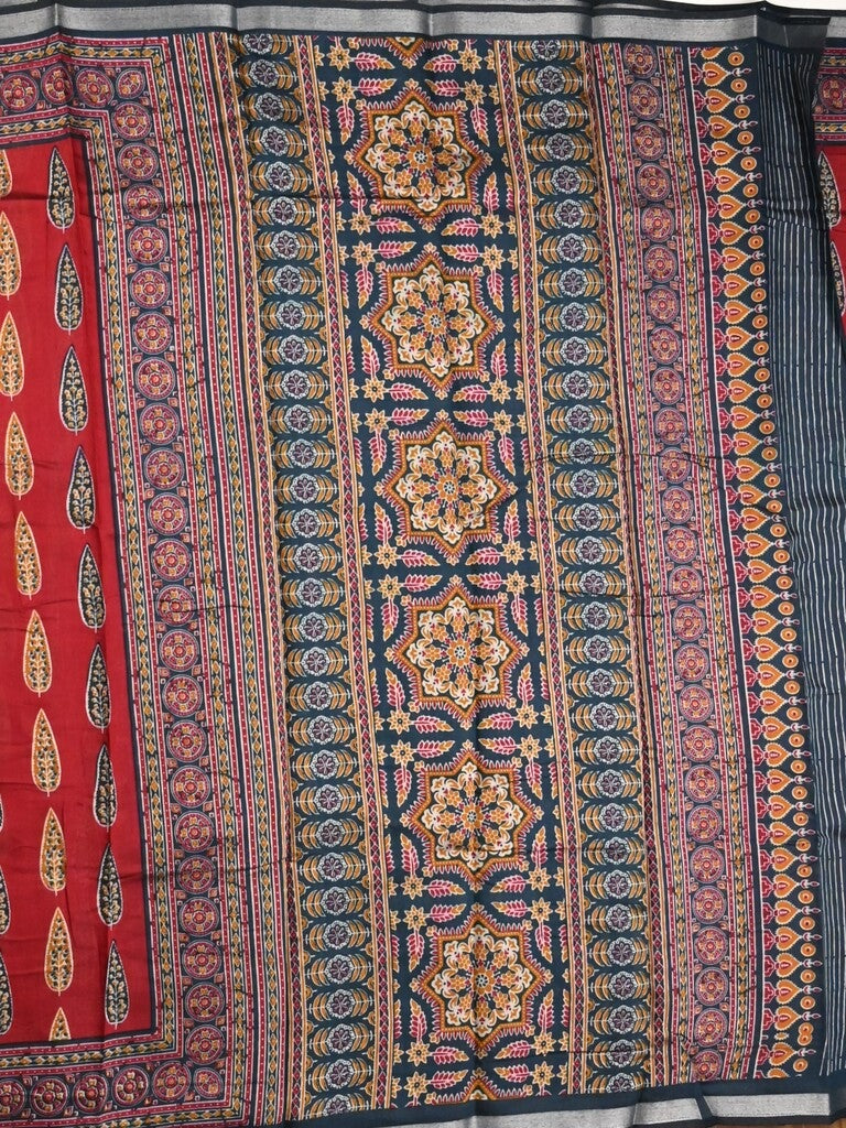 Maheshwari fancy saree red color allover prints & printed zari border with printed pallu and contrast blouse