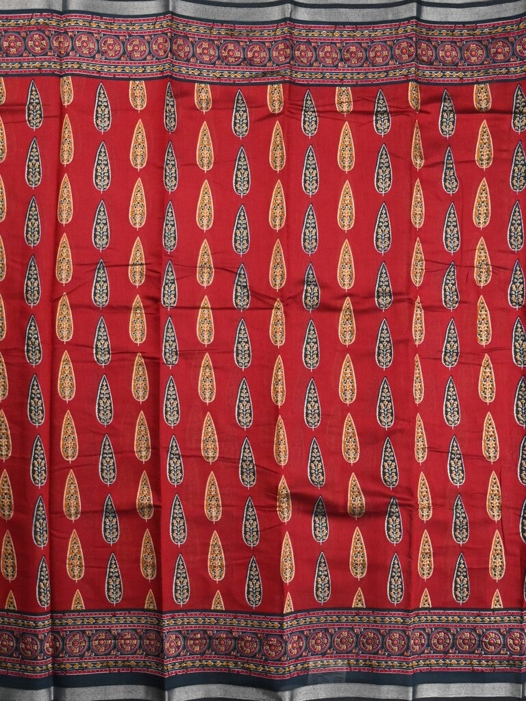 Maheshwari fancy saree red color allover prints & printed zari border with printed pallu and contrast blouse