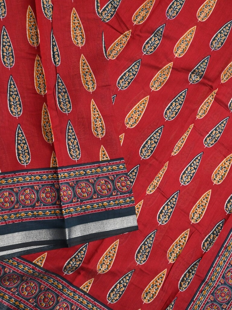 Maheshwari fancy saree red color allover prints & printed zari border with printed pallu and contrast blouse