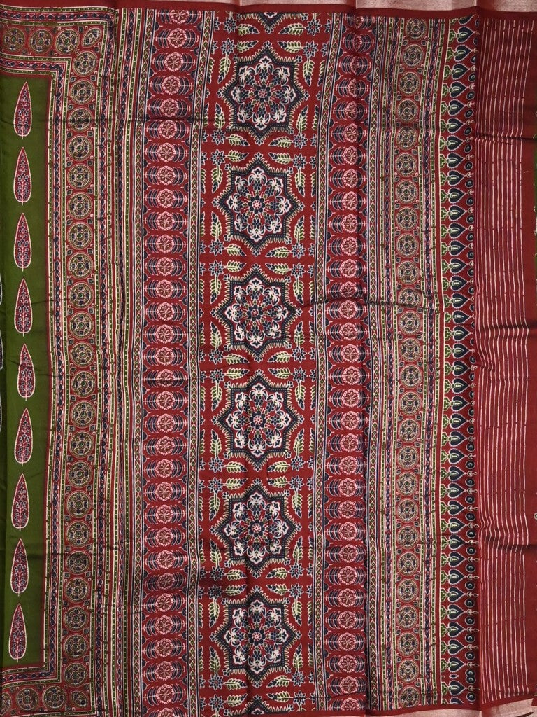 Maheshwari fancy saree bottle green color allover prints & printed zari border with printed pallu and contrast blouse