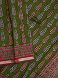 Maheshwari fancy saree bottle green color allover prints & printed zari border with printed pallu and contrast blouse