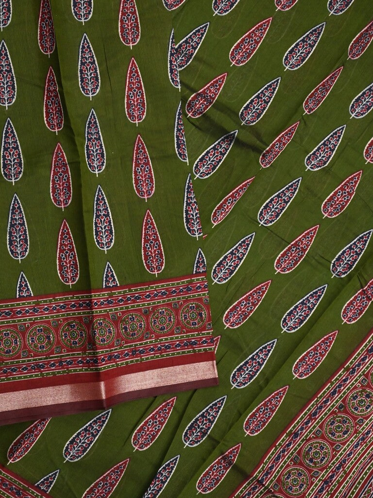 Maheshwari fancy saree bottle green color allover prints & printed zari border with printed pallu and contrast blouse