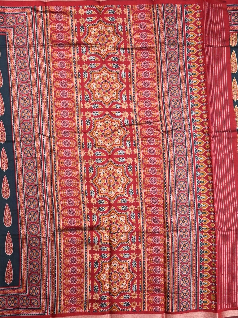 Maheshwari fancy saree maroon color allover prints & printed zari border with printed pallu and contrast blouse