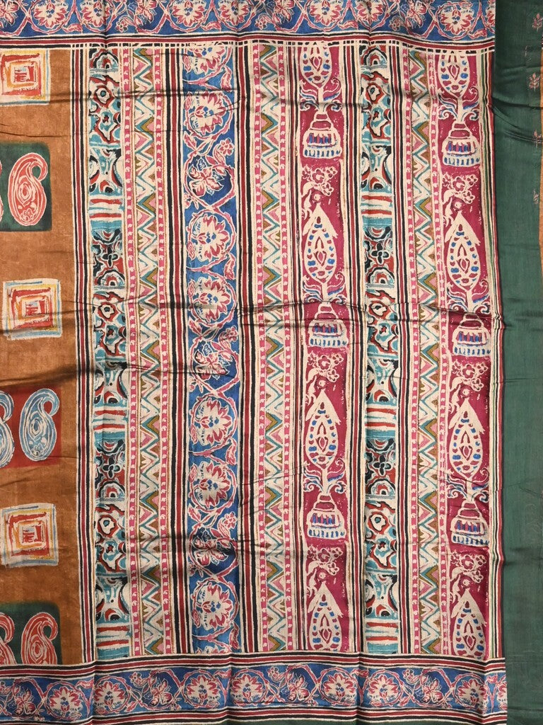 Maheshwari fancy saree mustard yellow color allover prints & printed zari border with printed pallu and contrast blouse