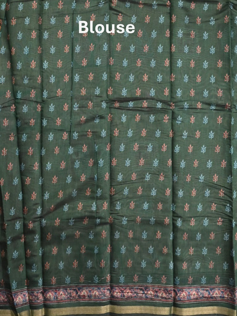 Maheshwari fancy saree mustard yellow color allover prints & printed zari border with printed pallu and contrast blouse