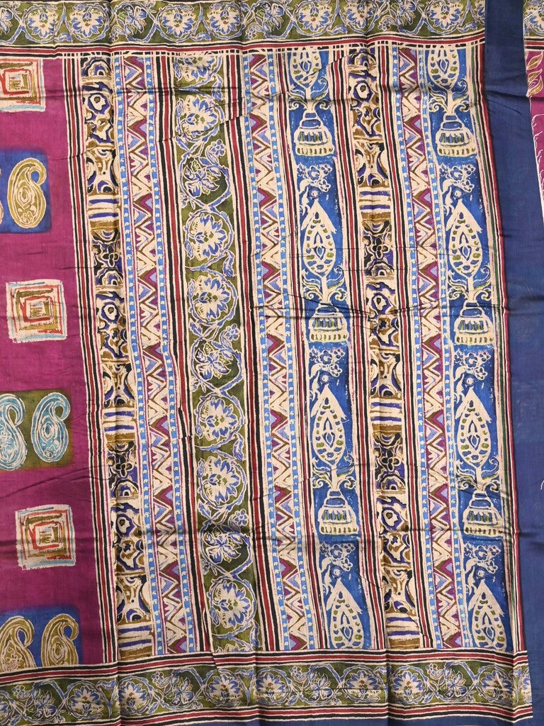 Maheshwari fancy saree dark pink color allover prints & printed zari border with printed pallu and contrast blouse