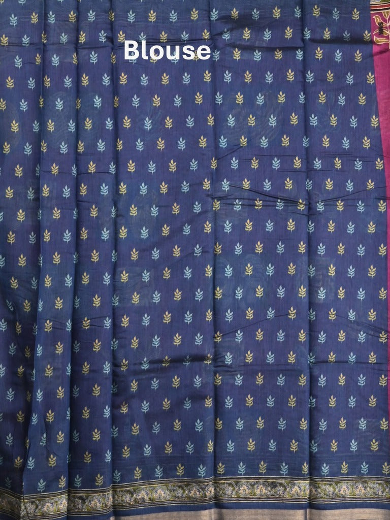 Maheshwari fancy saree dark pink color allover prints & printed zari border with printed pallu and contrast blouse