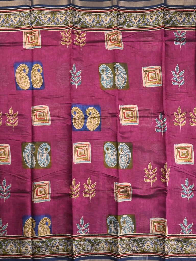 Maheshwari fancy saree dark pink color allover prints & printed zari border with printed pallu and contrast blouse