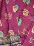 Maheshwari fancy saree dark pink color allover prints & printed zari border with printed pallu and contrast blouse
