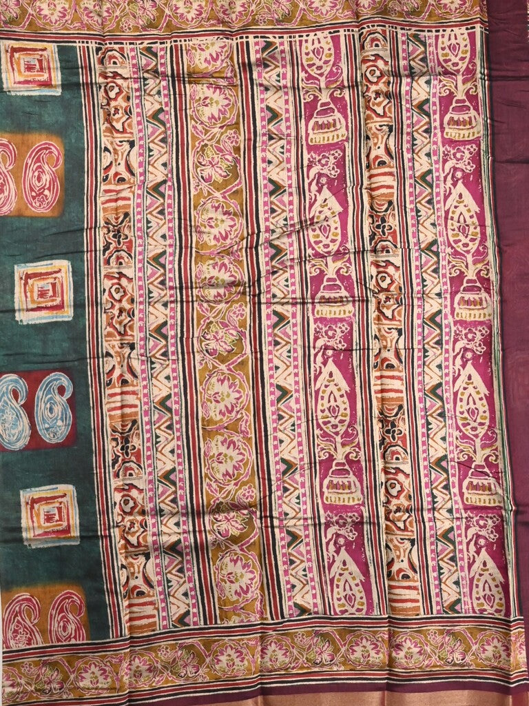 Maheshwari fancy saree dark green color allover prints & printed zari border with printed pallu and contrast blouse