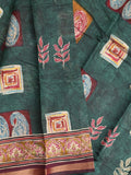 Maheshwari fancy saree dark green color allover prints & printed zari border with printed pallu and contrast blouse
