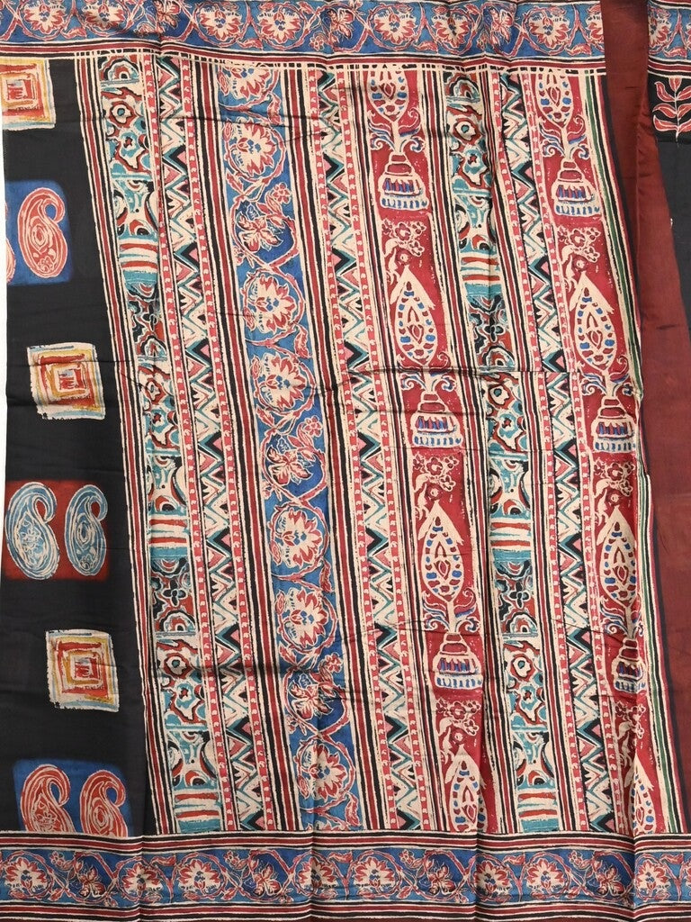 Maheshwari fancy saree black color allover prints & printed zari border with printed pallu and contrast blouse