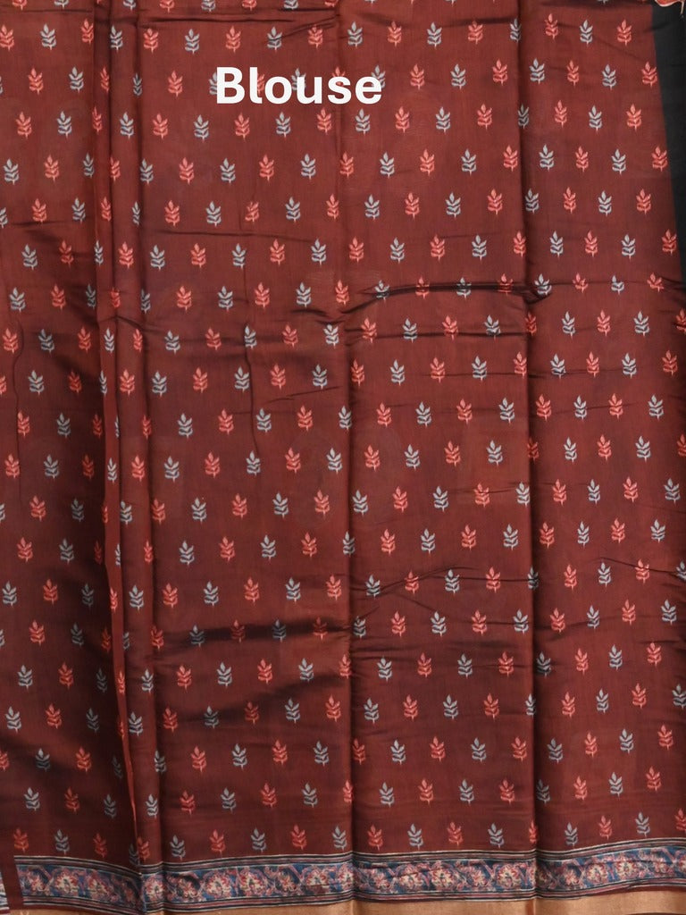 Maheshwari fancy saree black color allover prints & printed zari border with printed pallu and contrast blouse