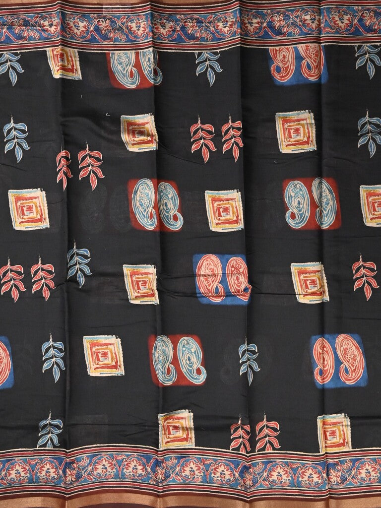 Maheshwari fancy saree black color allover prints & printed zari border with printed pallu and contrast blouse