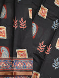 Maheshwari fancy saree black color allover prints & printed zari border with printed pallu and contrast blouse