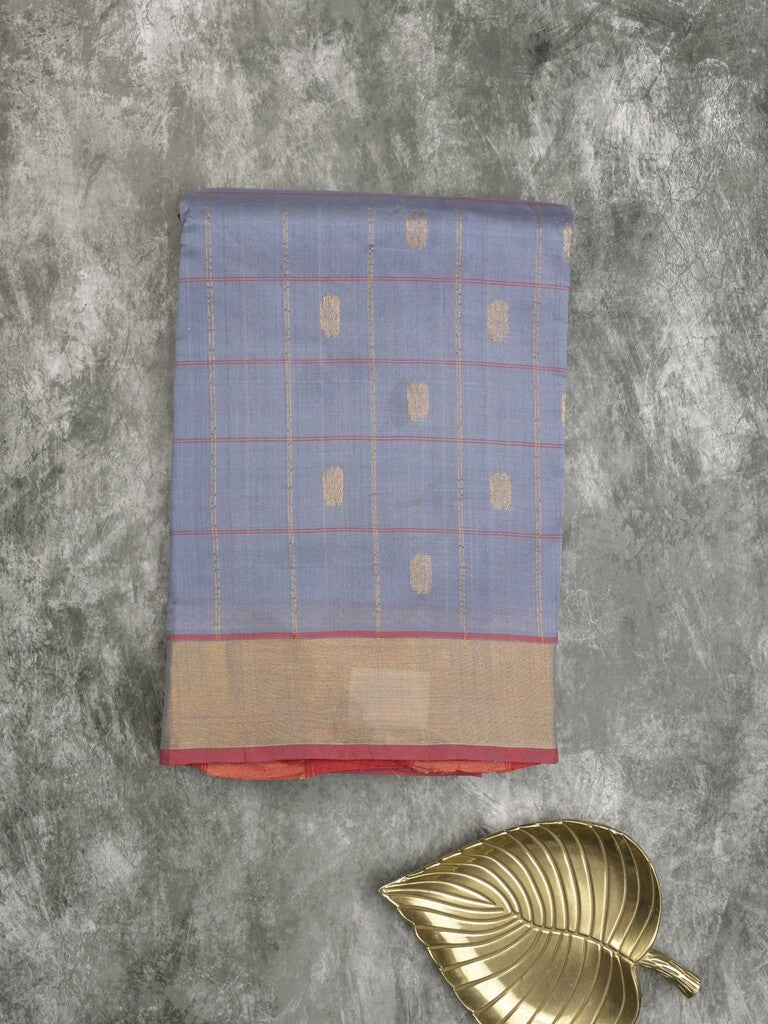 Uppada seiko pattu saree bluish grey color allover checks, motifs & zari border with contrast pallu and plain blouse