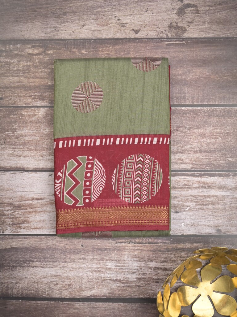 Maheshwari fancy saree light olive green color allover motifs & zari border with printed pallu and contrast blouse