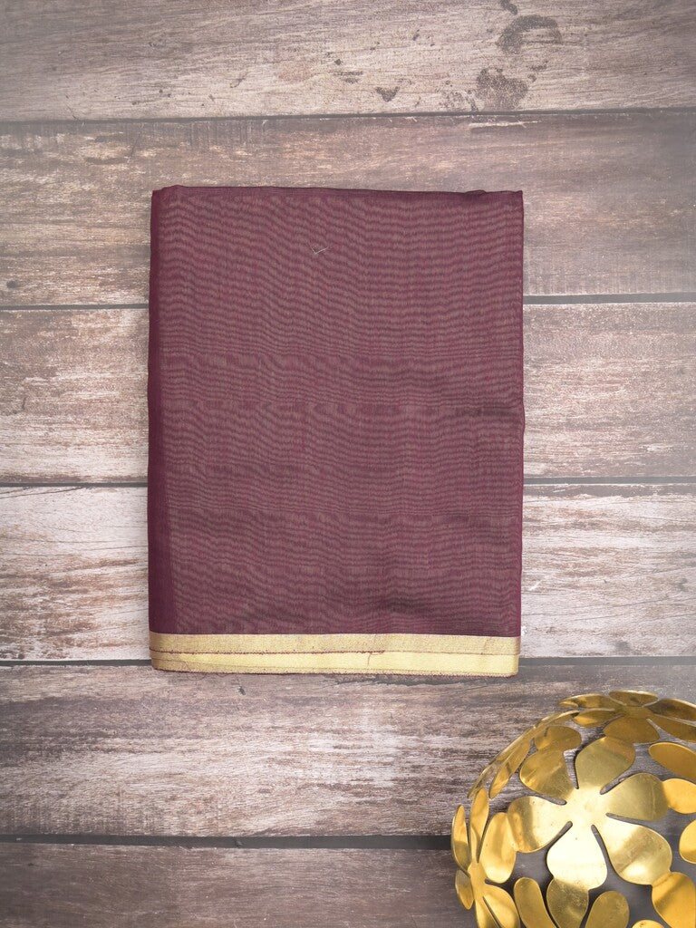 Maheshwari fancy saree dark brown color allover plain and small kaddi border with contrast plain pallu and attached blouse