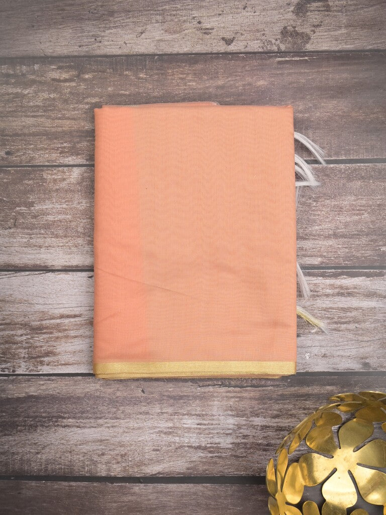 Maheshwari fancy saree peach color allover plain and small kaddi border with contrast plain pallu and attached blouse