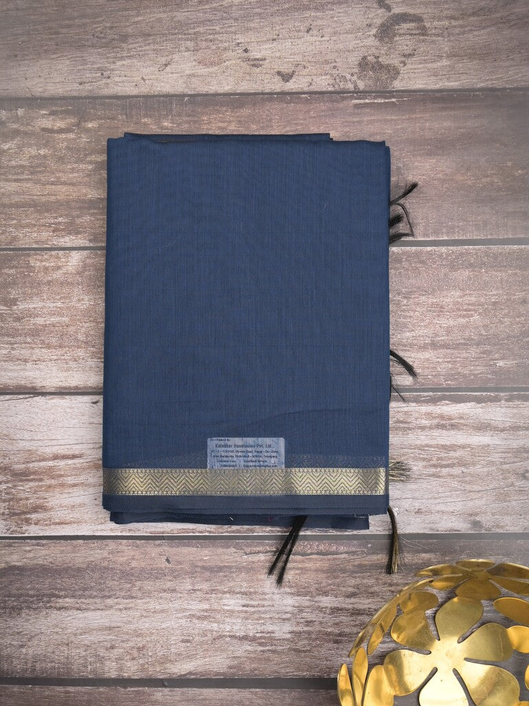 Maheshwari fancy saree navy blue color allover plain and small kaddi border with self pallu and attached blouse