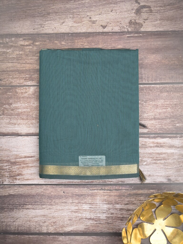 Maheshwari fancy saree cyan blue color allover plain and small kaddi border with self pallu and attached blouse