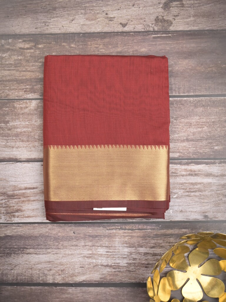 Maheshwari fancy saree maroon color allover plain and temple border with stripes pallu and attached blouse