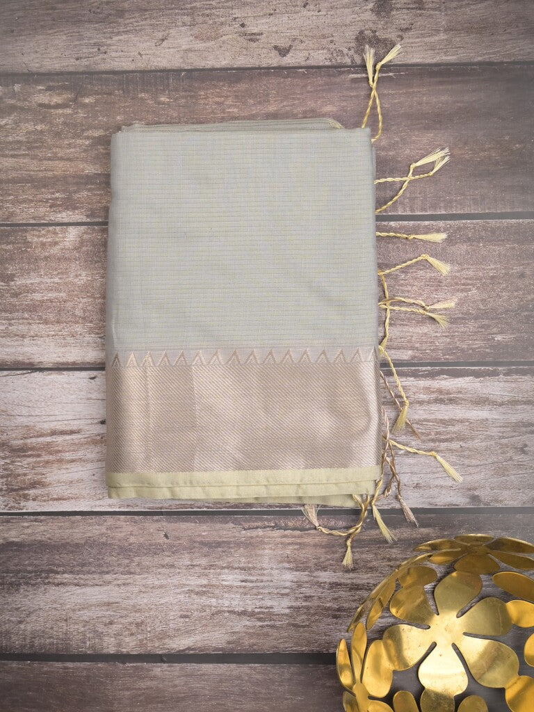 Maheshwari fancy saree grey color allover plain and temple border with stripes pallu and attached blouse