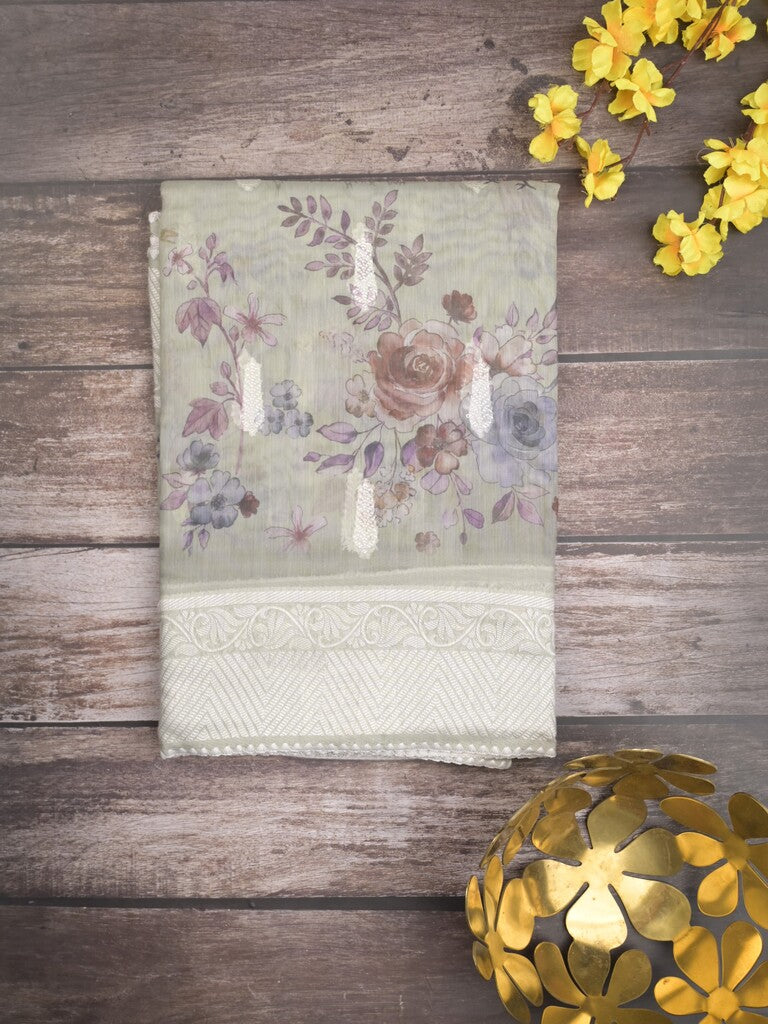 Chanderi fancy saree grey color allover weaves & zari border with rich pallu and attached blouse