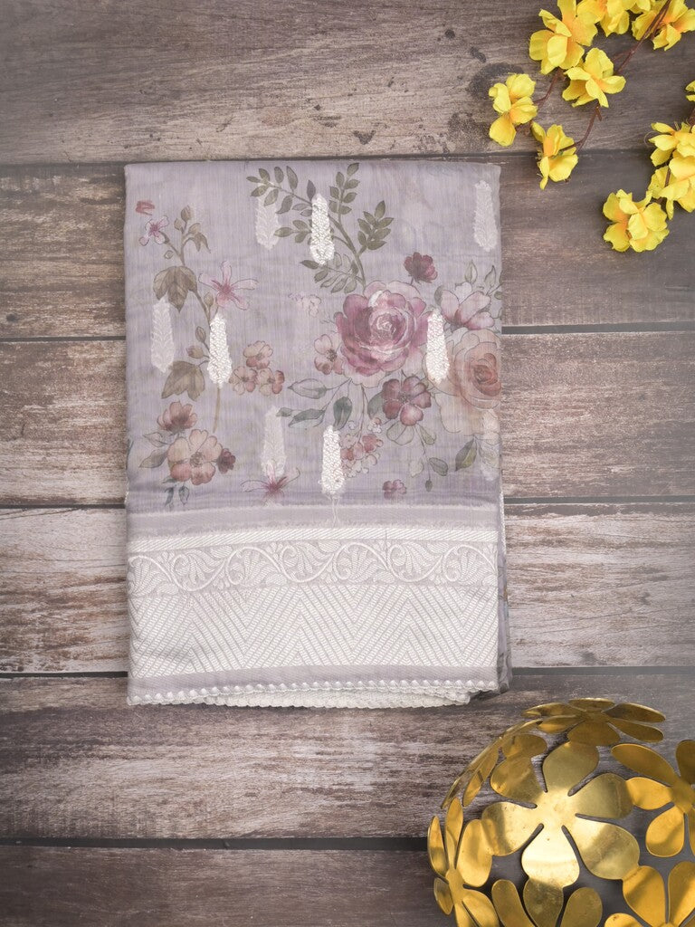 Chanderi fancy saree grey color allover weaves & zari border with rich pallu and attached blouse