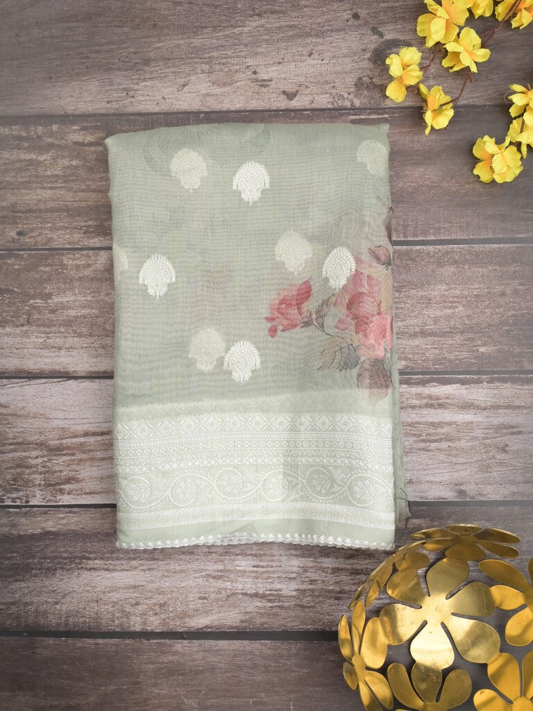 Chanderi fancy saree light greenish grey color allover weaves & zari border with rich pallu and attached blouse